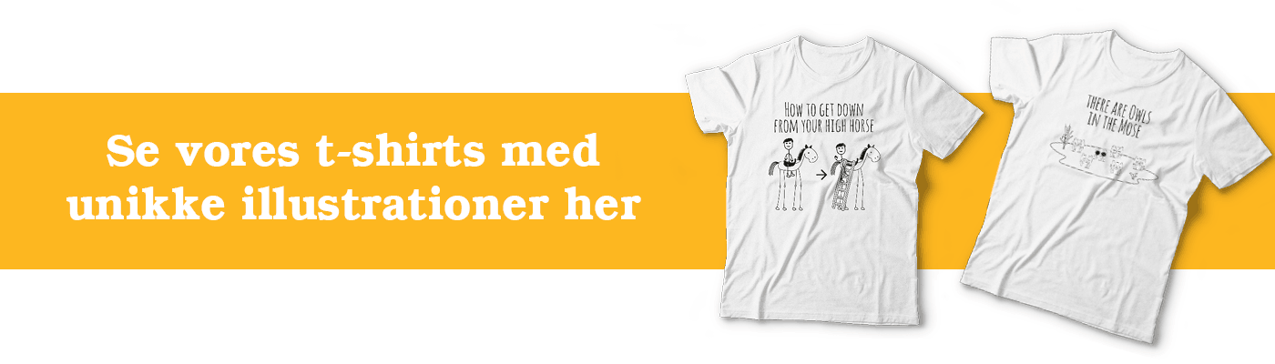 Billedet viser to t-shirts på en orange farve. Teksten skriver, at man kan klikke og se vores t-shirts i vores webshop.